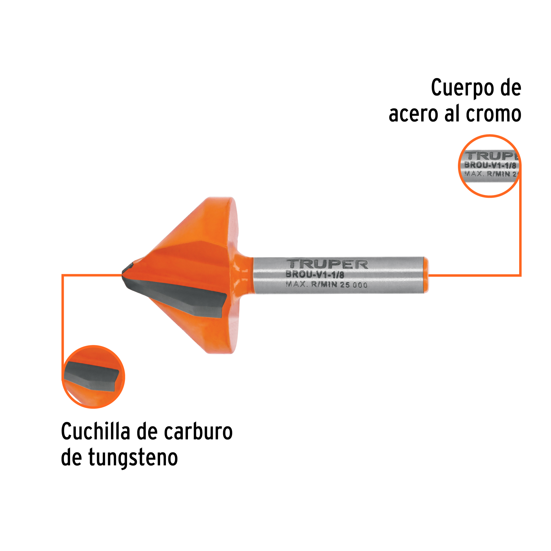 Ficha Tecnica Broca para router, corte en "V", 11/8", Truper