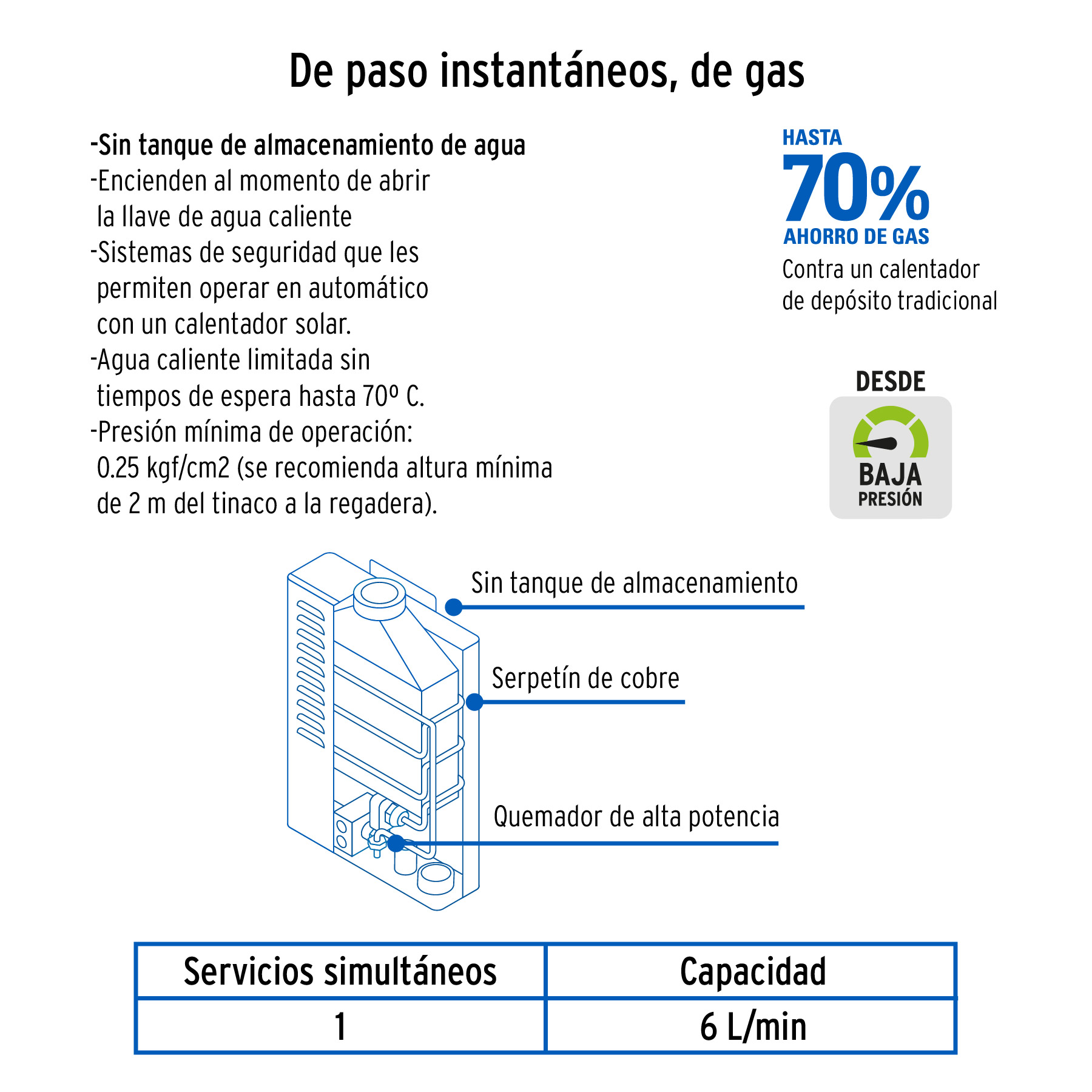 Calentador de Agua 6 lpm Gas LP Baja Presión 1 servicio