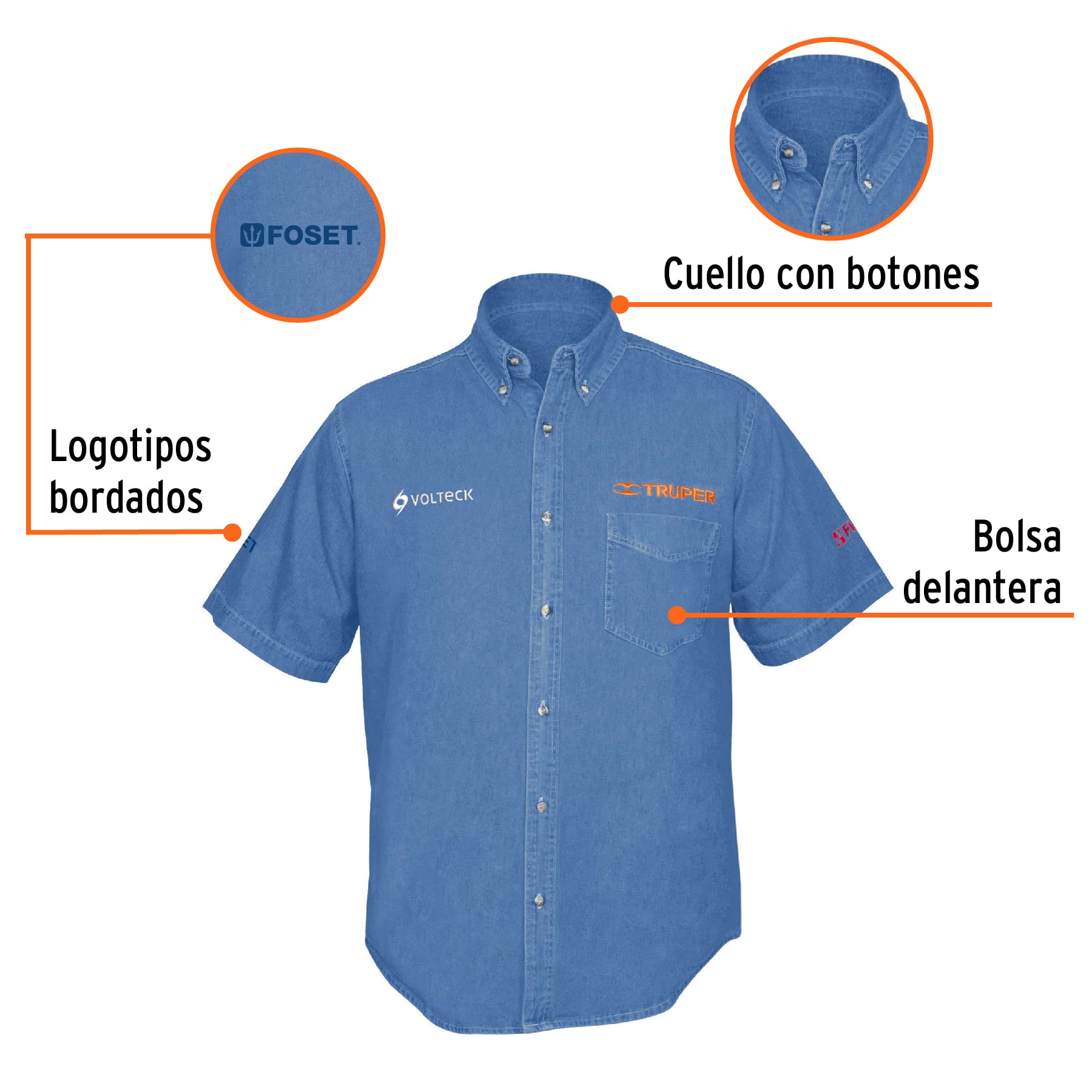 Camisa de mezclilla manga corta para hombre, CH, TRUPER