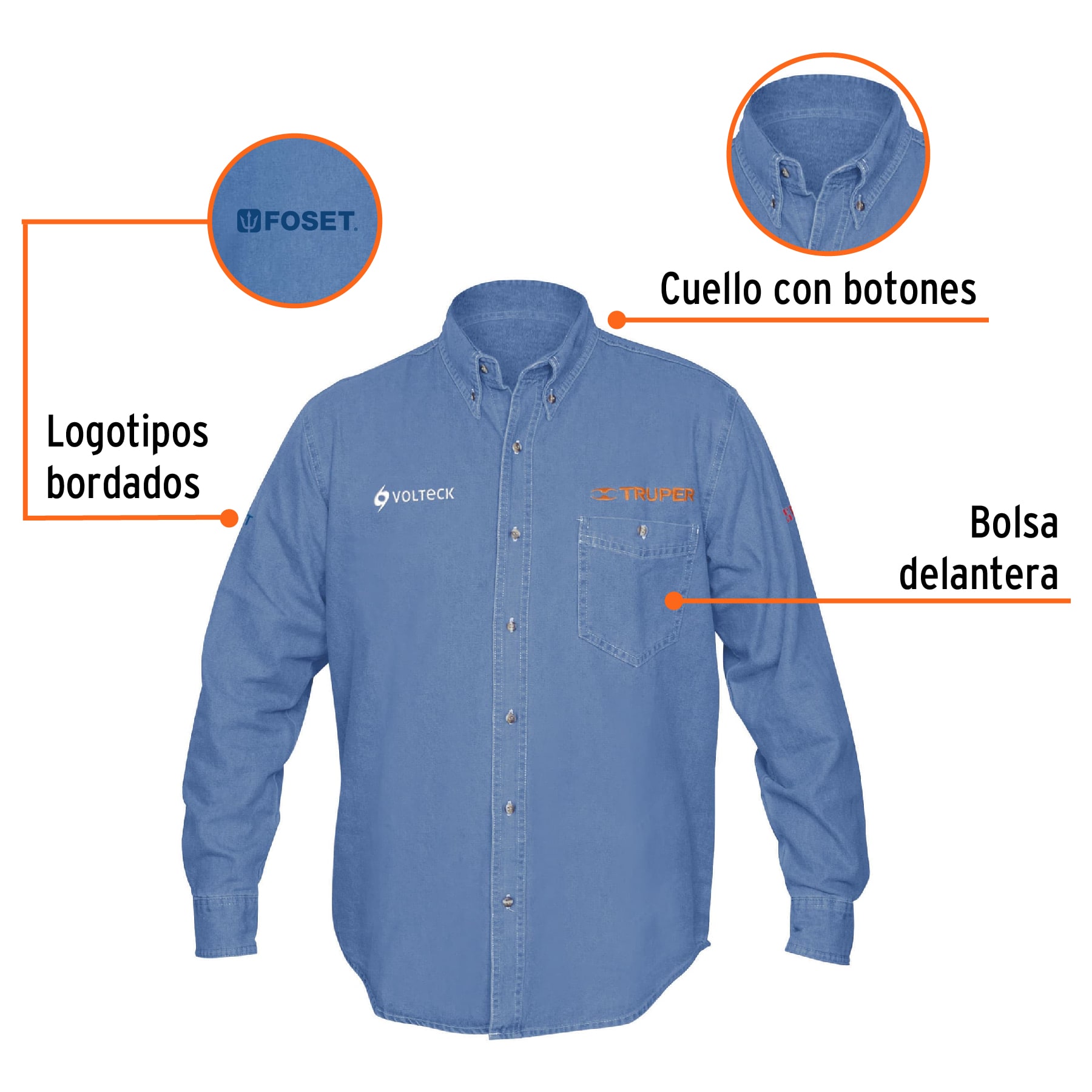Camisa de mezclilla manga larga para hombre, G, TRUPER