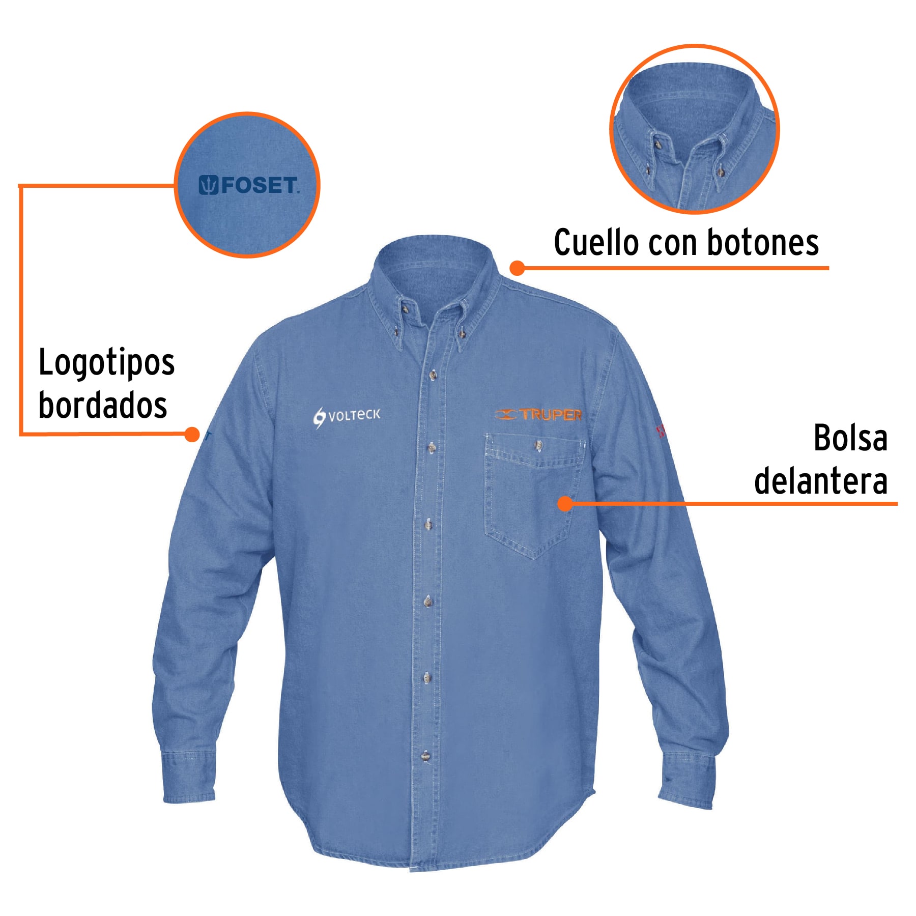 Camisa de mezclilla manga larga para hombre, M, TRUPER
