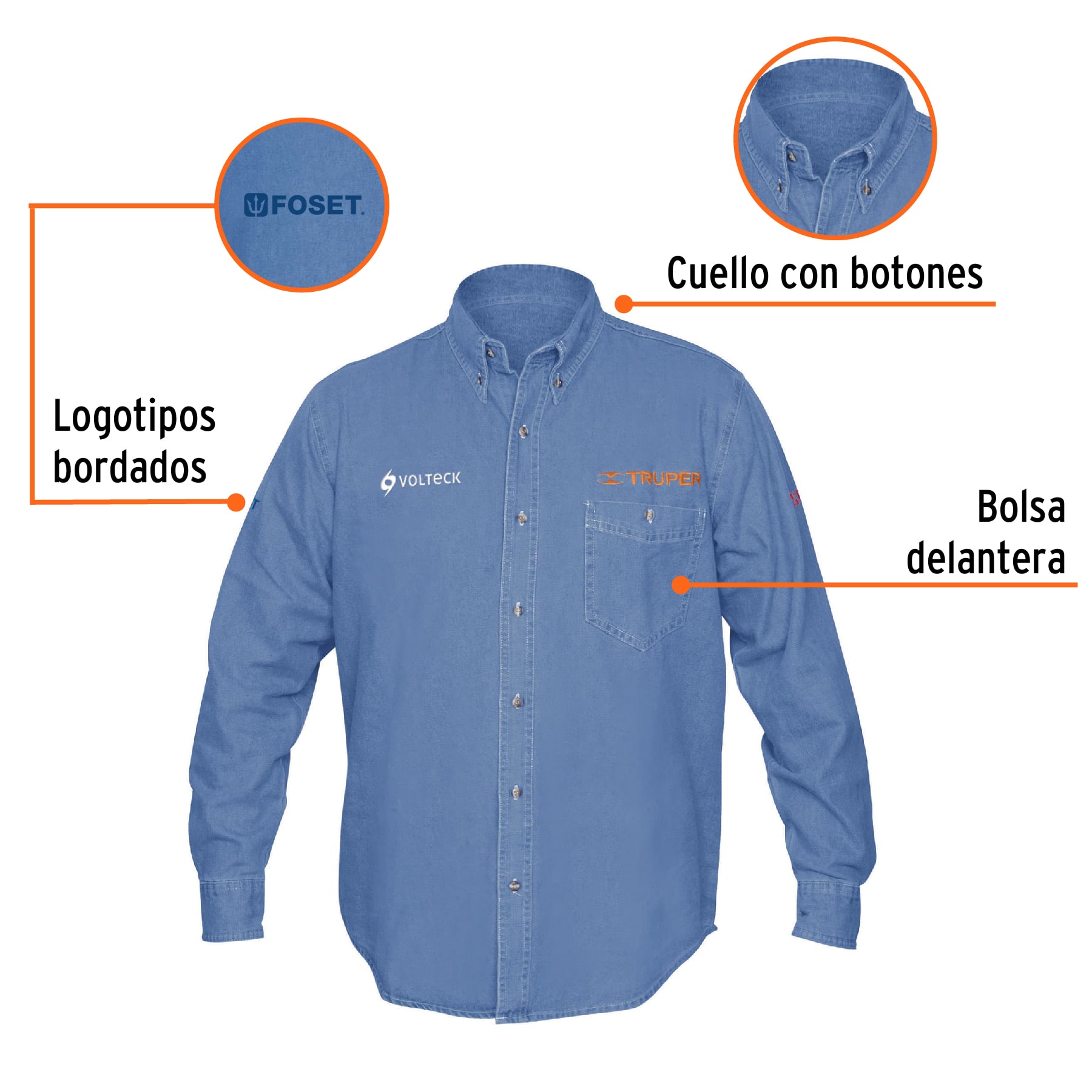 Camisa de mezclilla manga larga para hombre, CH, TRUPER