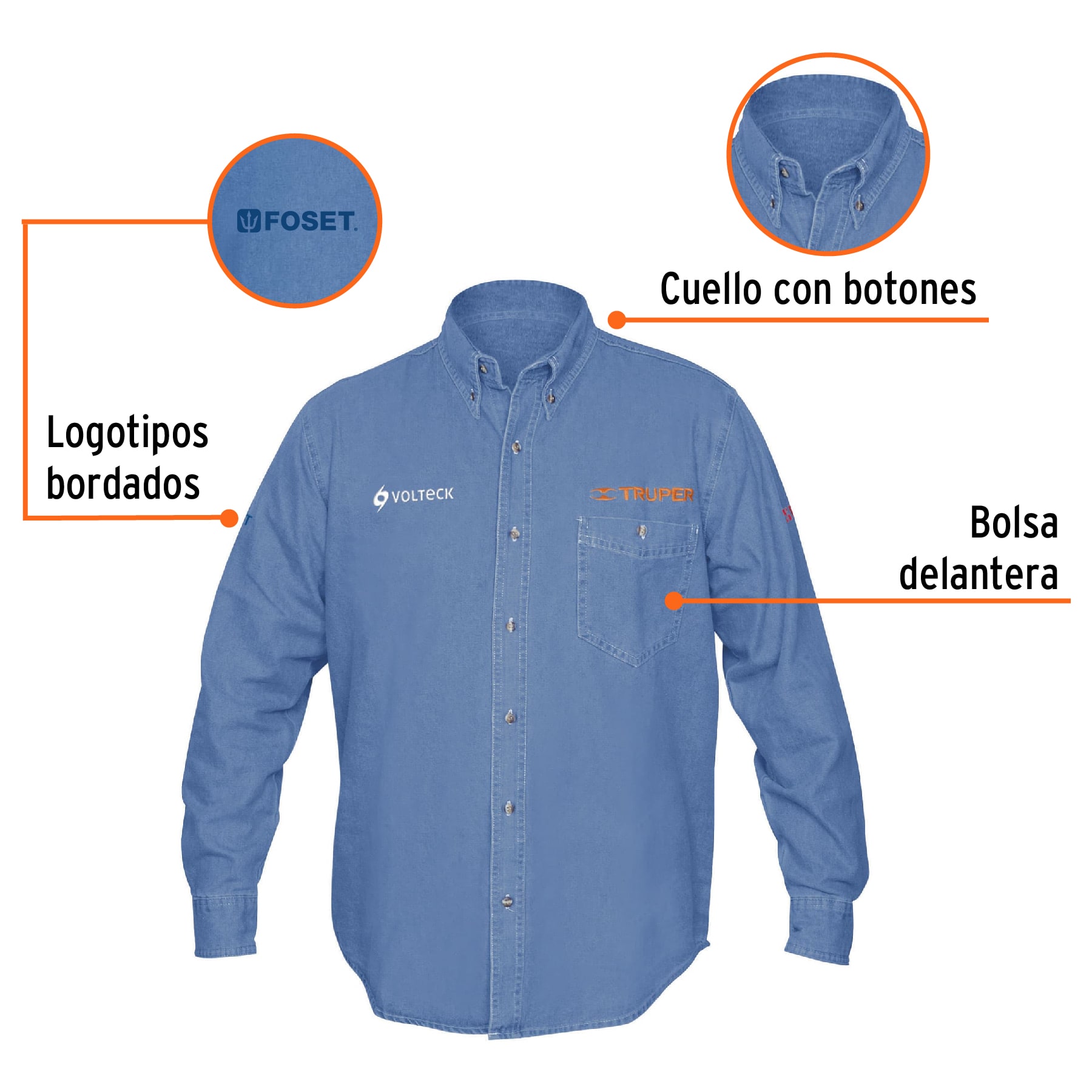 Camisa de mezclilla manga larga para hombre, EG, TRUPER