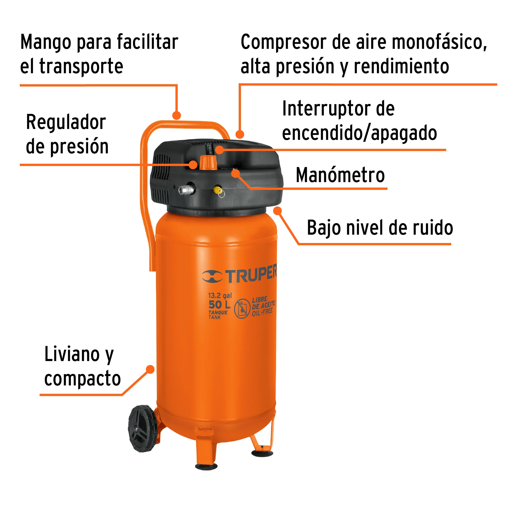 Compresor de aire horizontal TRUPER de 50 Litros Mod. COMP-50LT - Vaqueiros  Ferreteros