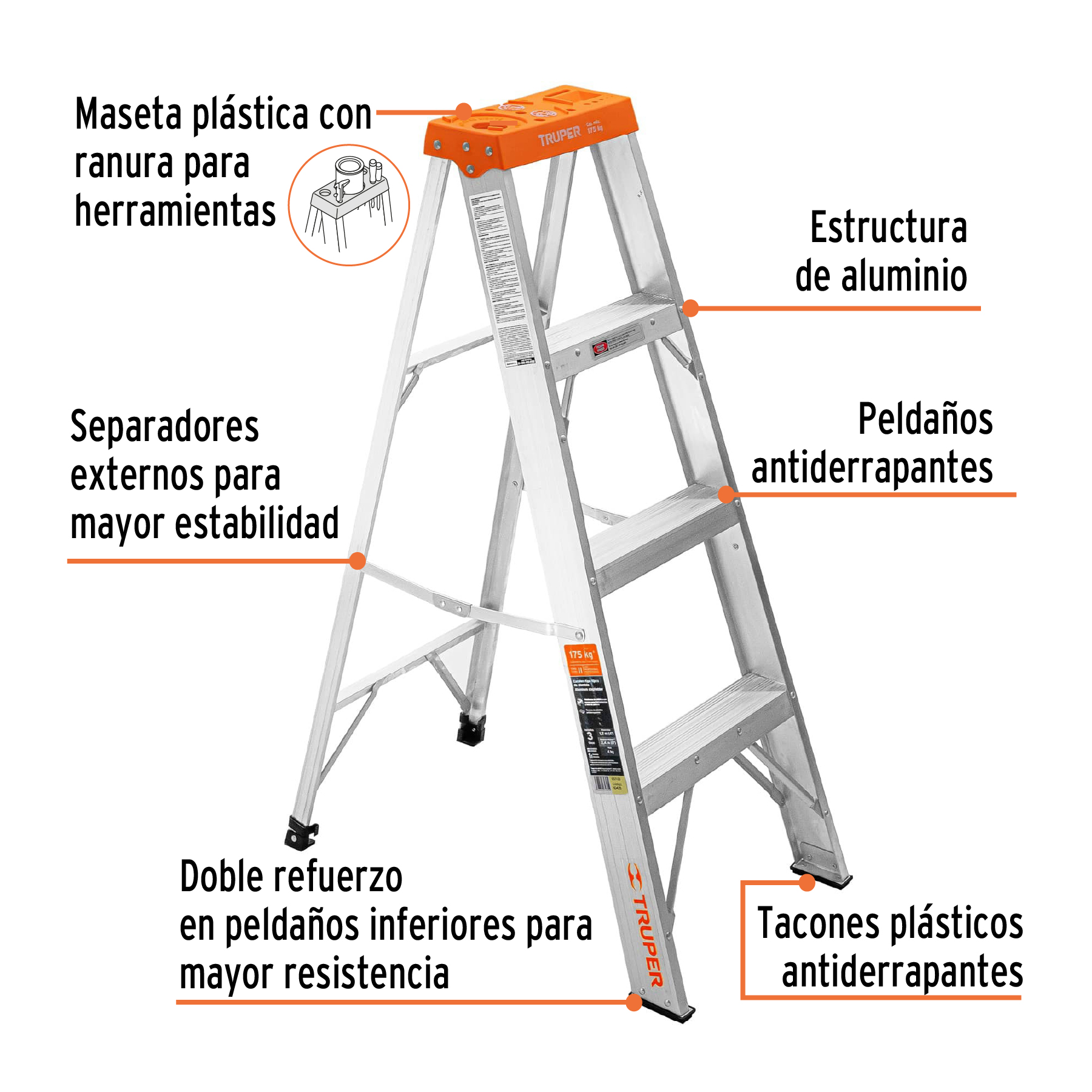 Truper 16743 / EST-35 - Escaleras de escalera, capacidad de carga de 200  libras con estante resistente