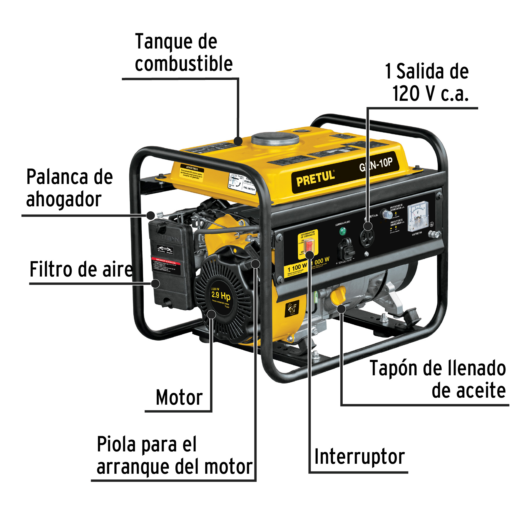 Generador eléctrico con motor a gasolina 1,100W Pretul