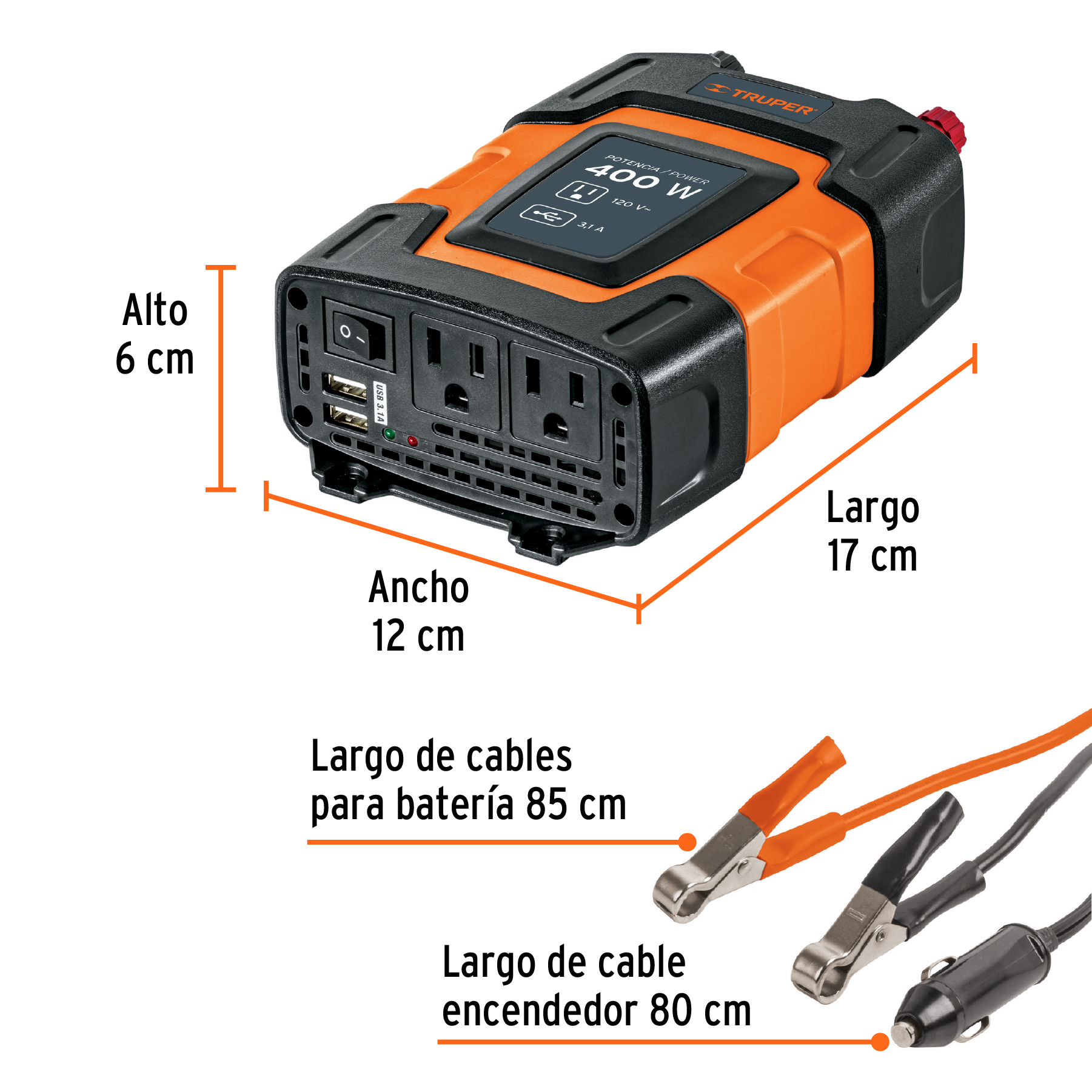 Inversor 400W 12V/220V + conector USB