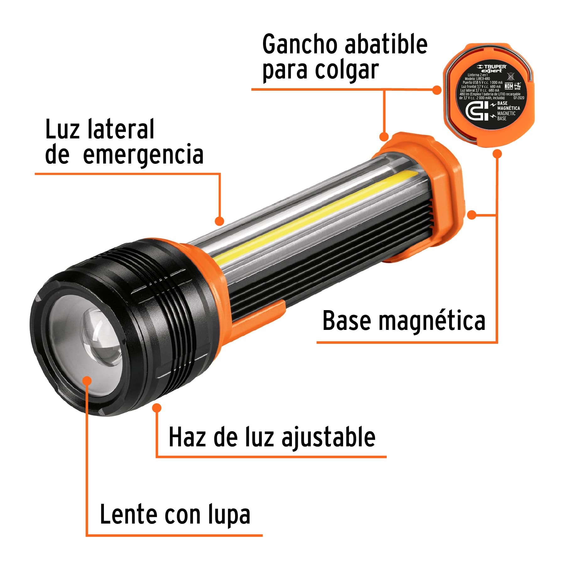 Linterna LED recargable imantada. 24 COB LED + 1 LED. 5 modos de ilumi –