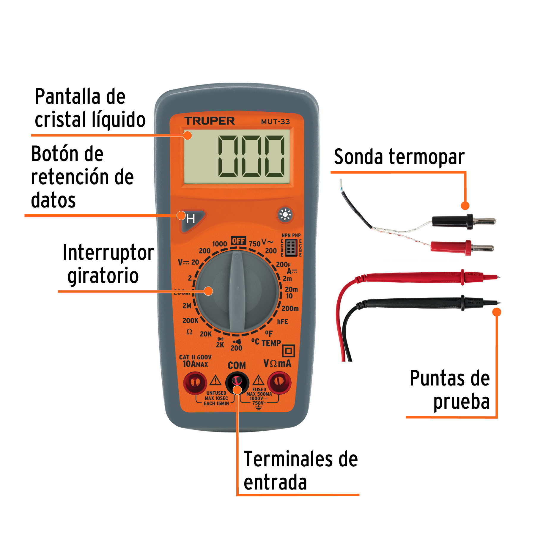 Multímetro Digital Profesional Truper 200 Ohms - 2 M Ohms