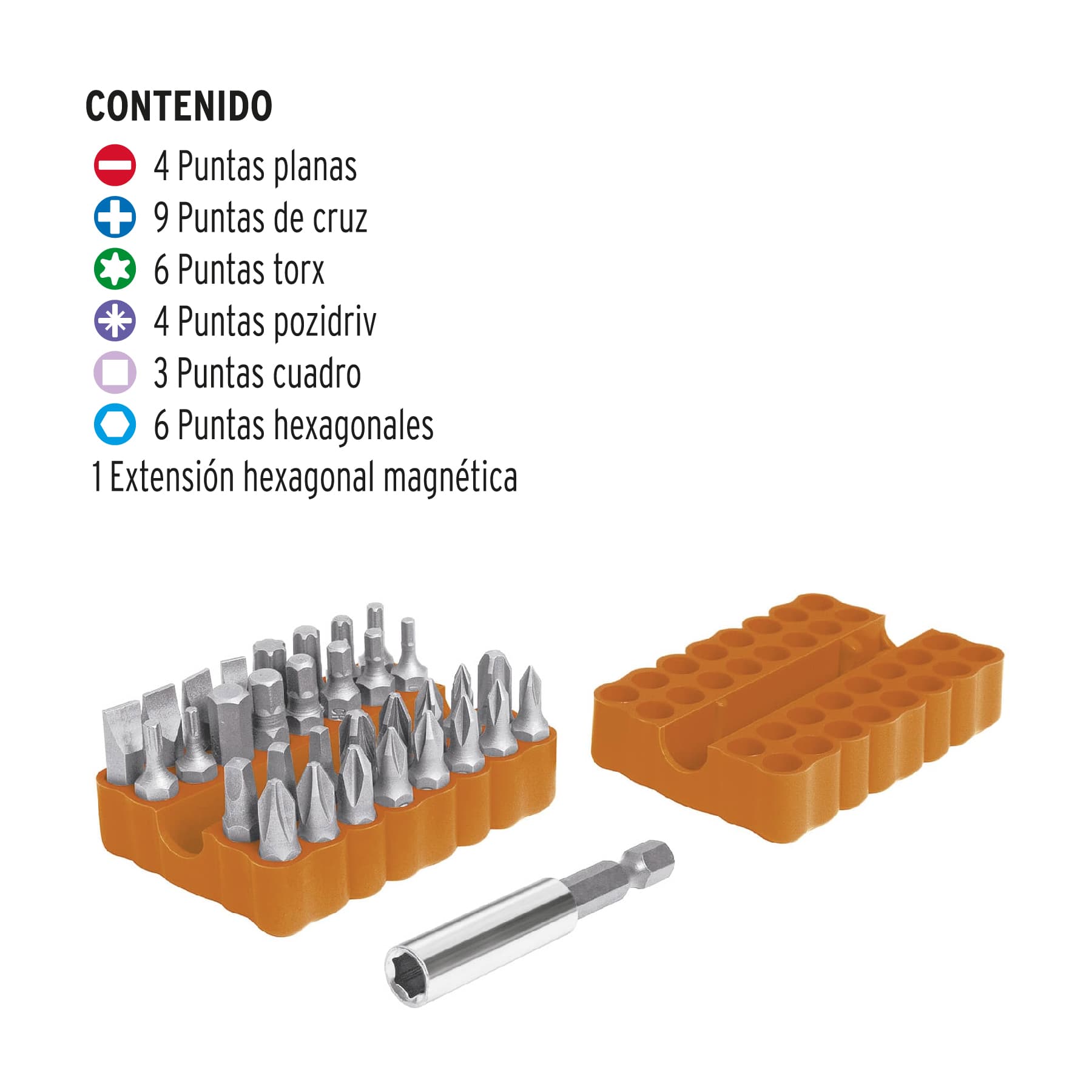 Juego de 33 puntas mixtas largo 1 en organizador plástico, Puntas Para  Desarmador, 17788