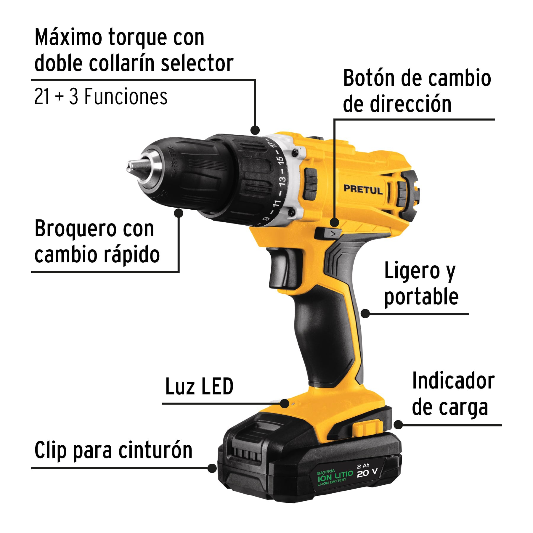 taladro inalámbrico, batería de iones de litio 20 V, Pretul