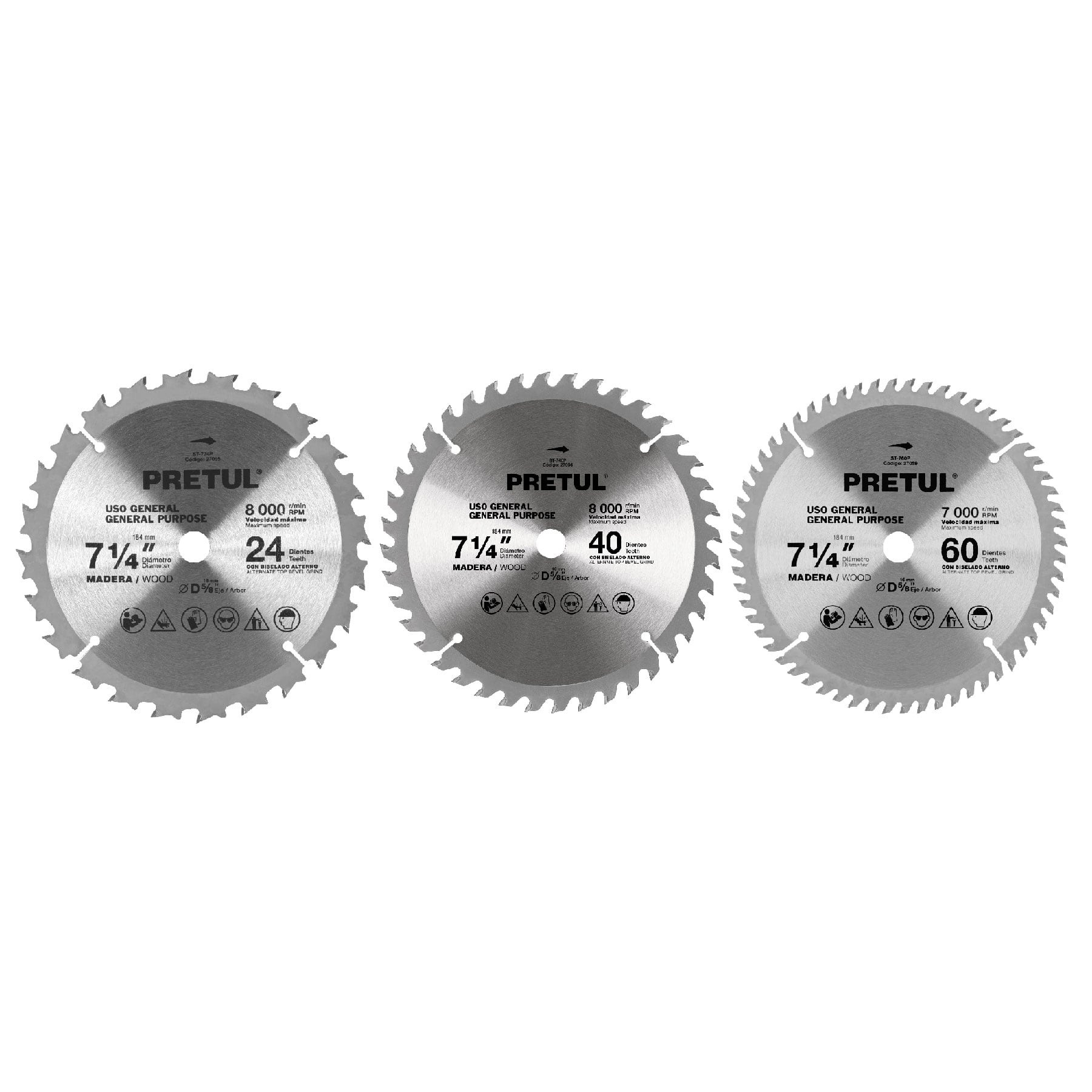 Disco sierras diámetro 7 1/4", centro 5/8", para madera, Pretul