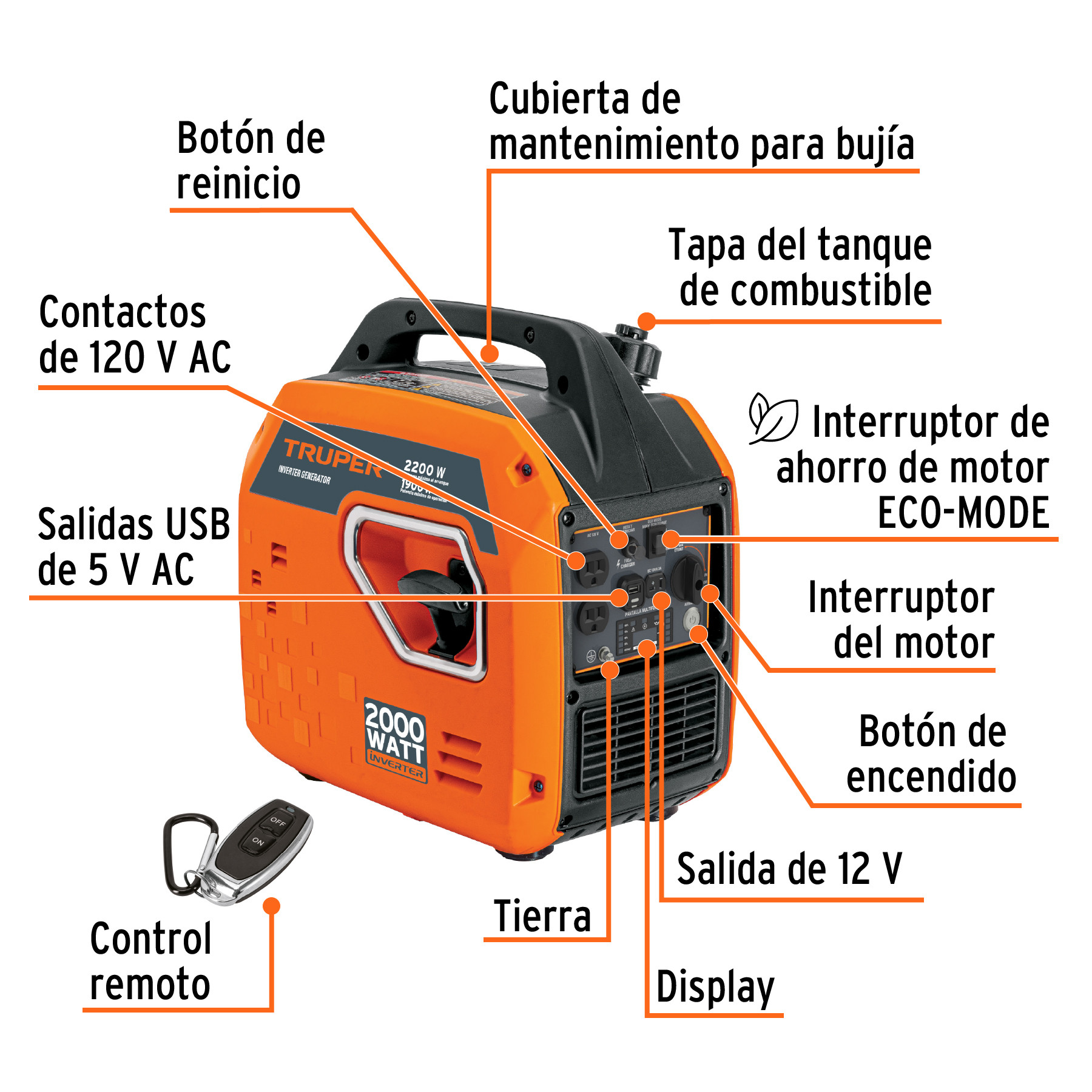 Generador silencioso inverter 2200W, 80 cc, enc. electrónico