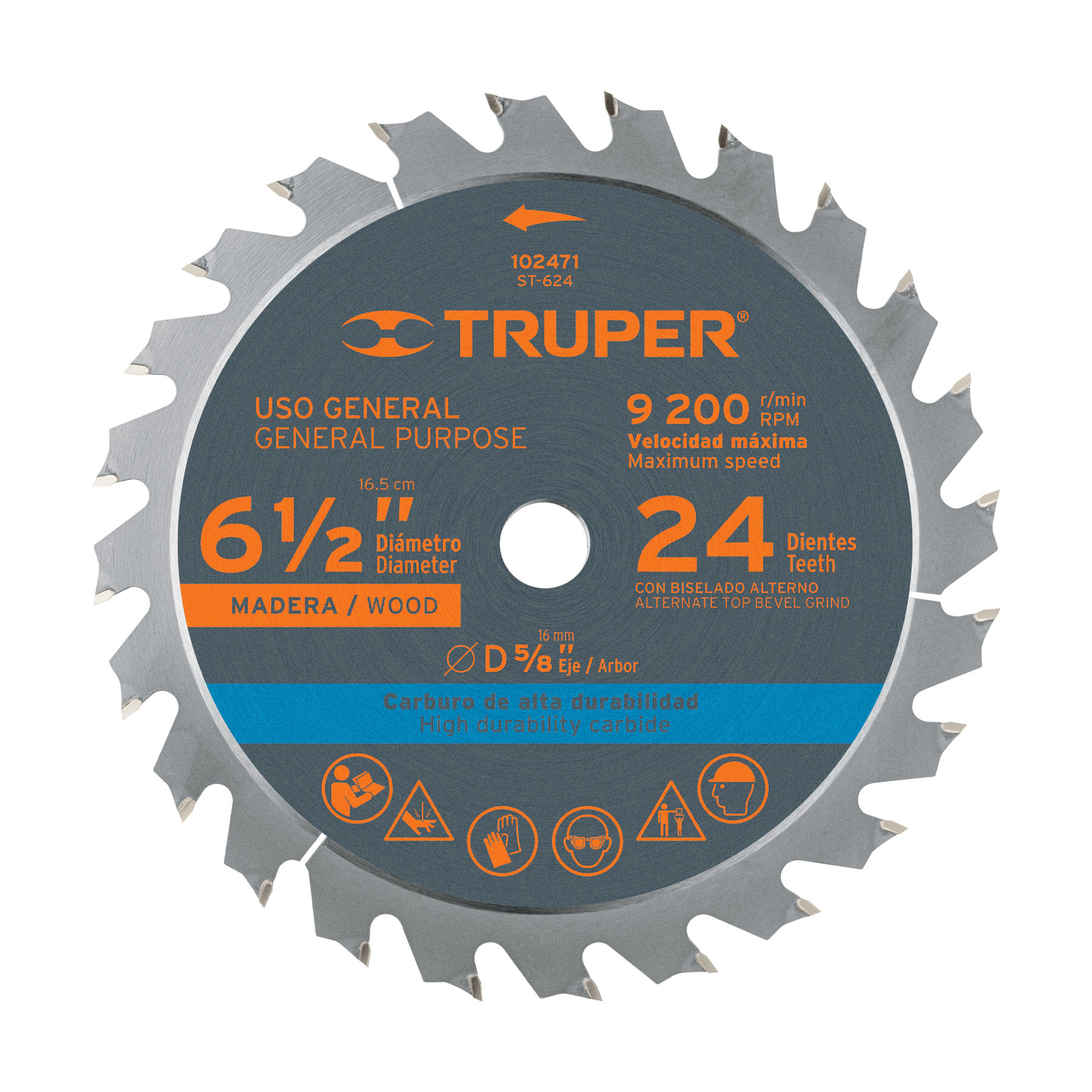 Disco sierra 6-1/2" p/madera, 24 dientes con centro 5/8"