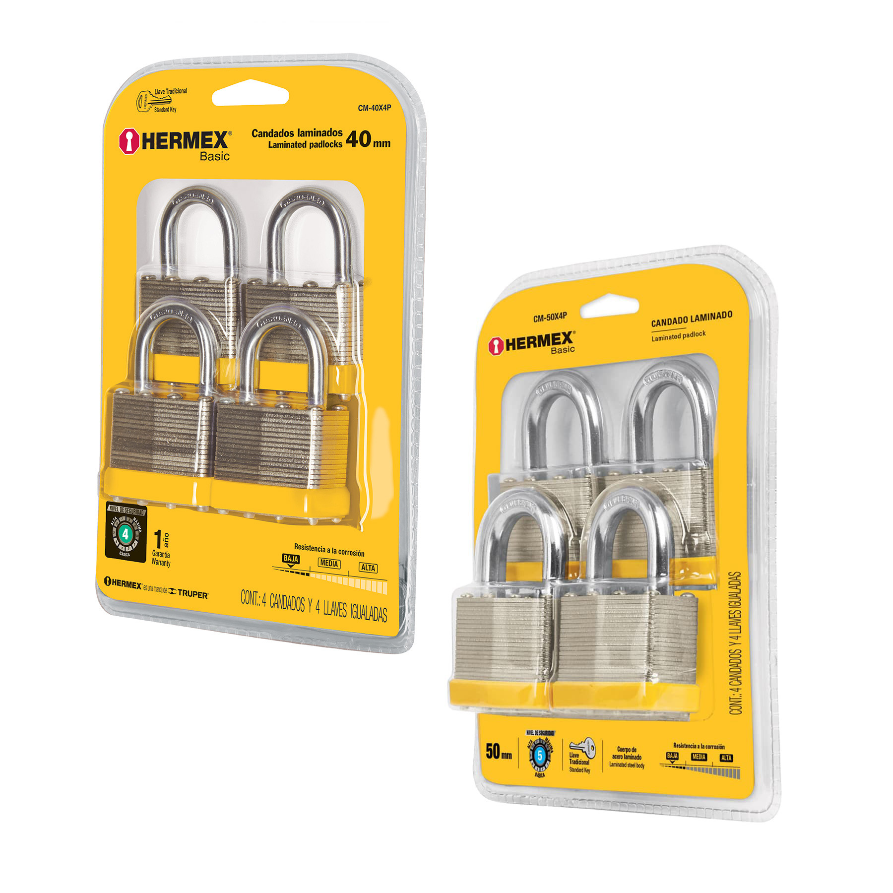 Juegos de 4 candados de acero cuerpo laminado, en blíster
