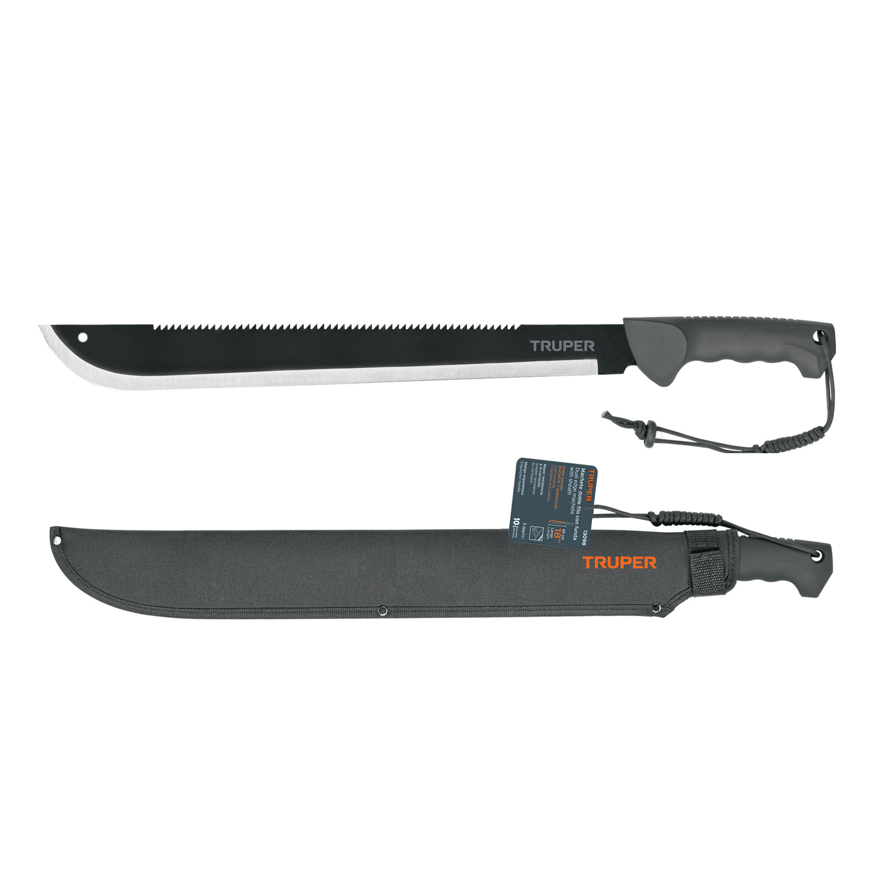 Machete doble filo 18" cacha bimaterial, con funda, Truper