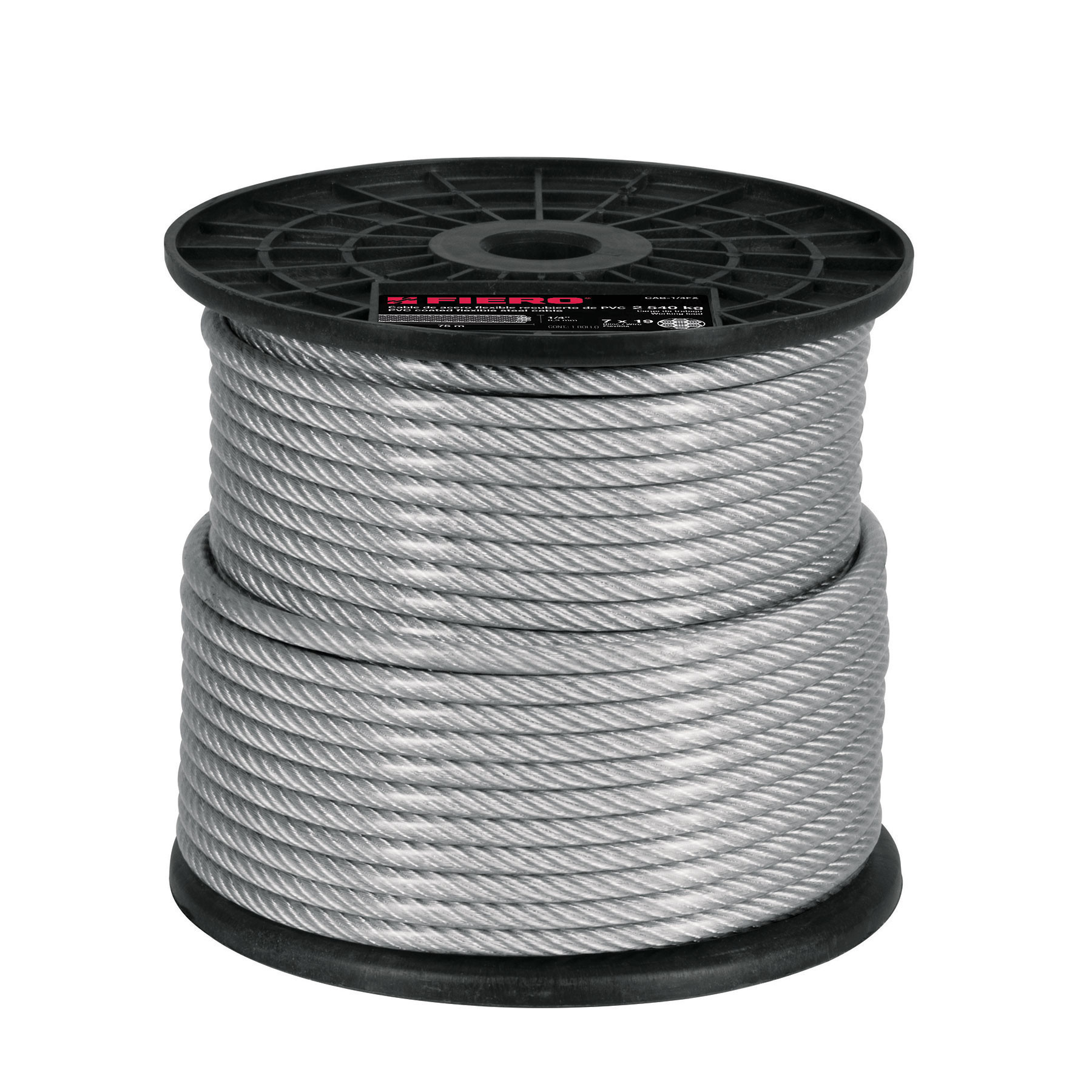 Metro de cable de acero recubierto de PVC, 7 X 19 hilos, carrete plástico de 75 m