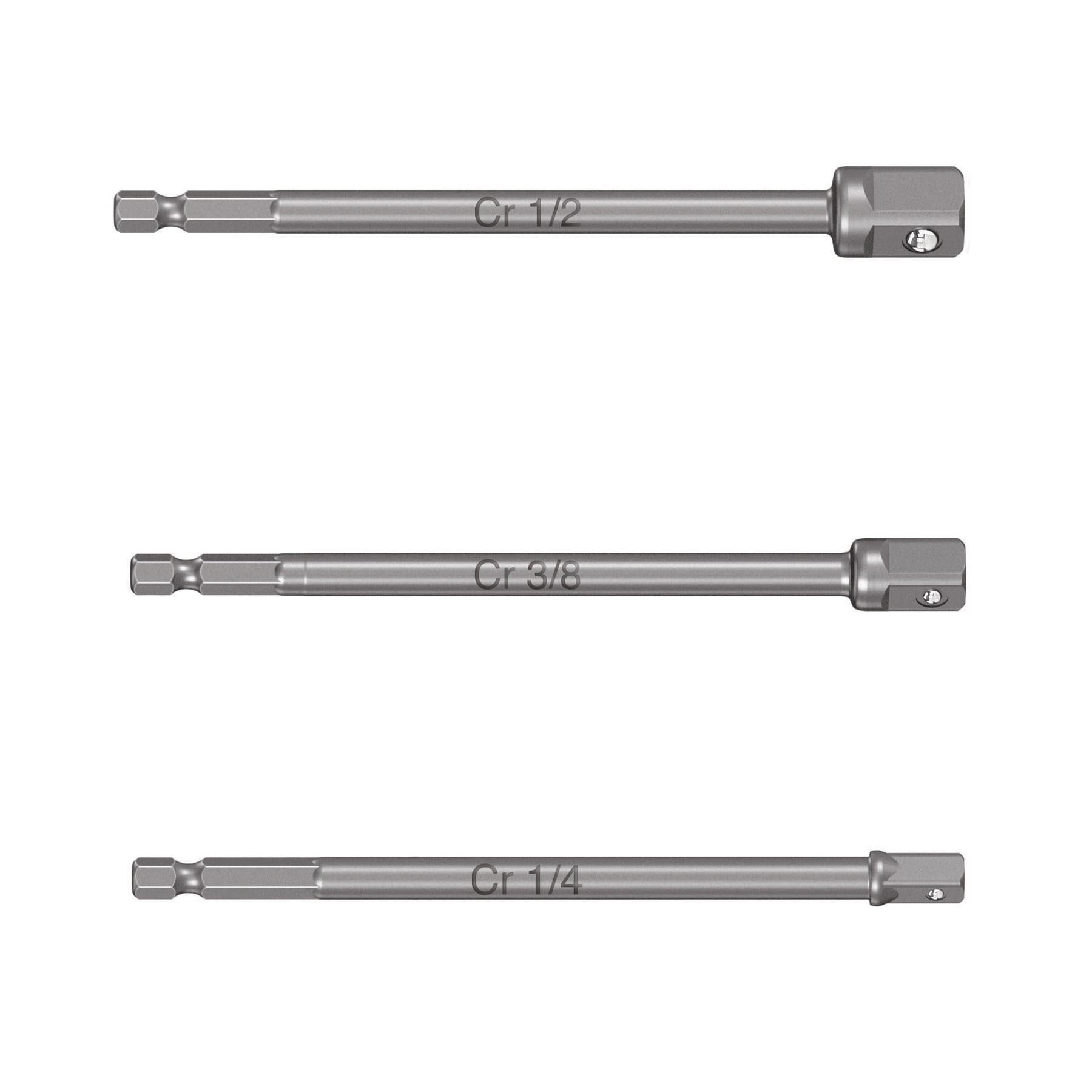 Juego de 3 adaptadores largos para dados de 1/4, 3/8 y 1/2"