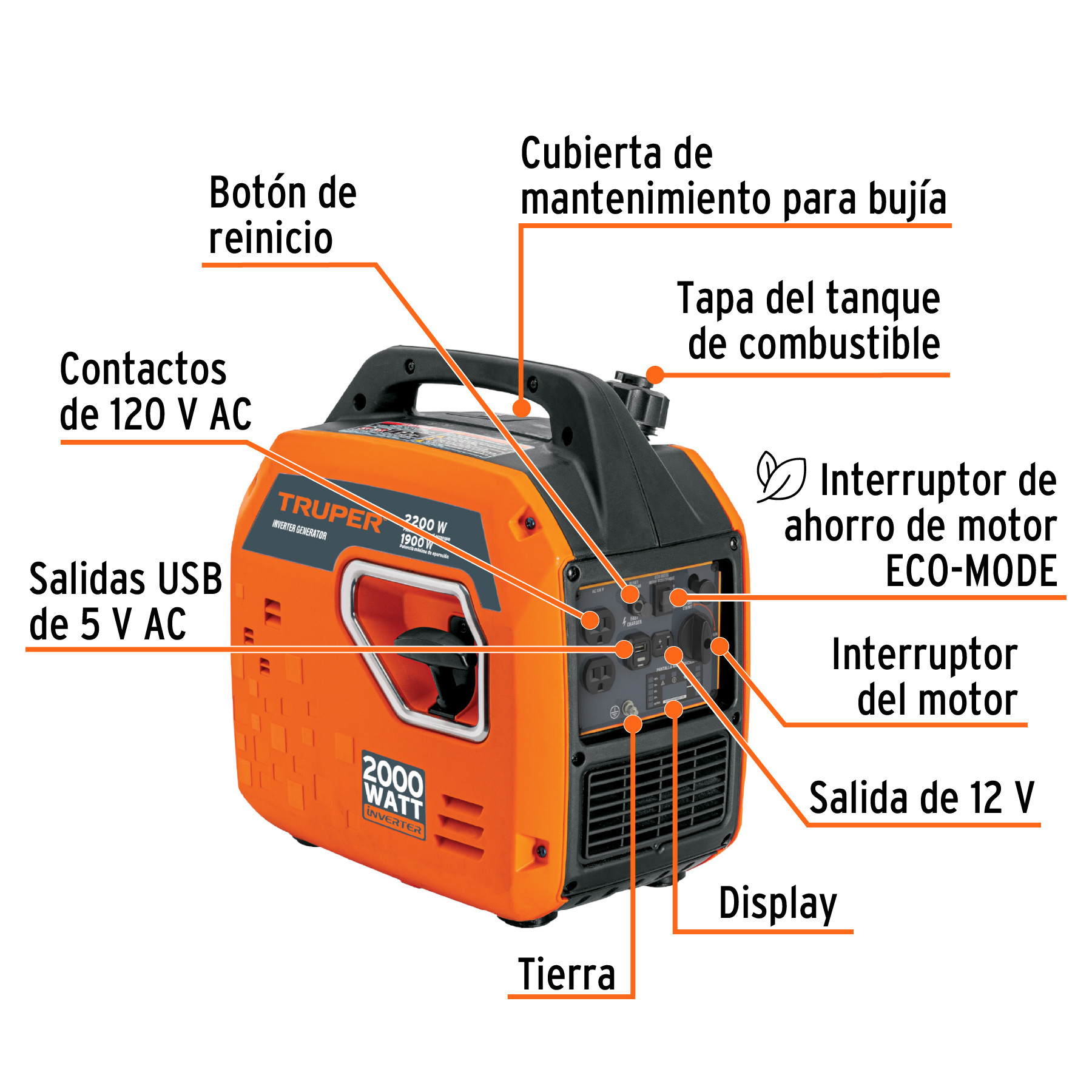 Generador silencioso inverter 2200W, 80 cc, encendido manual