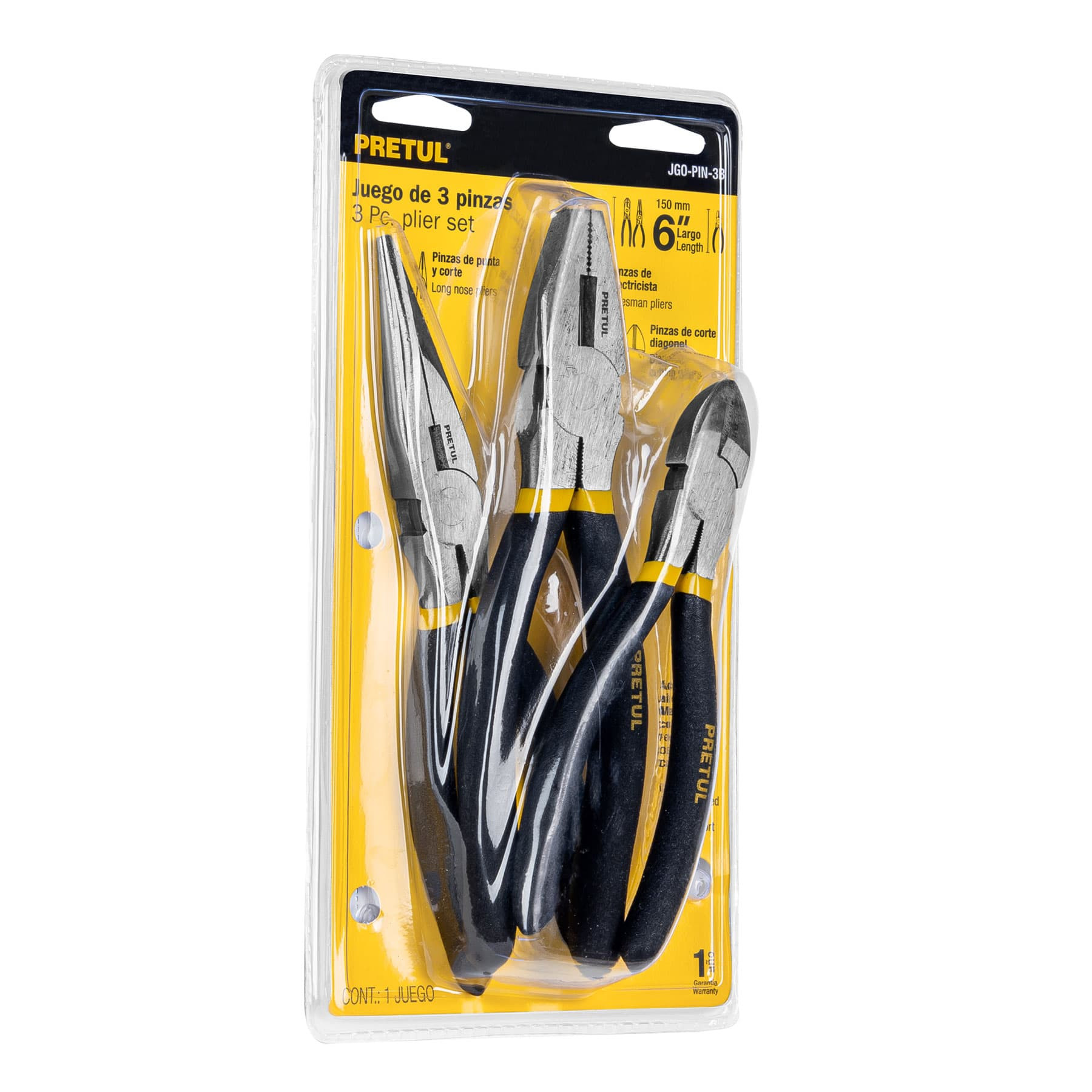 Juego de 3 pinzas, 2 de 6" y 1 de 8", mangos de PVC, Pretul