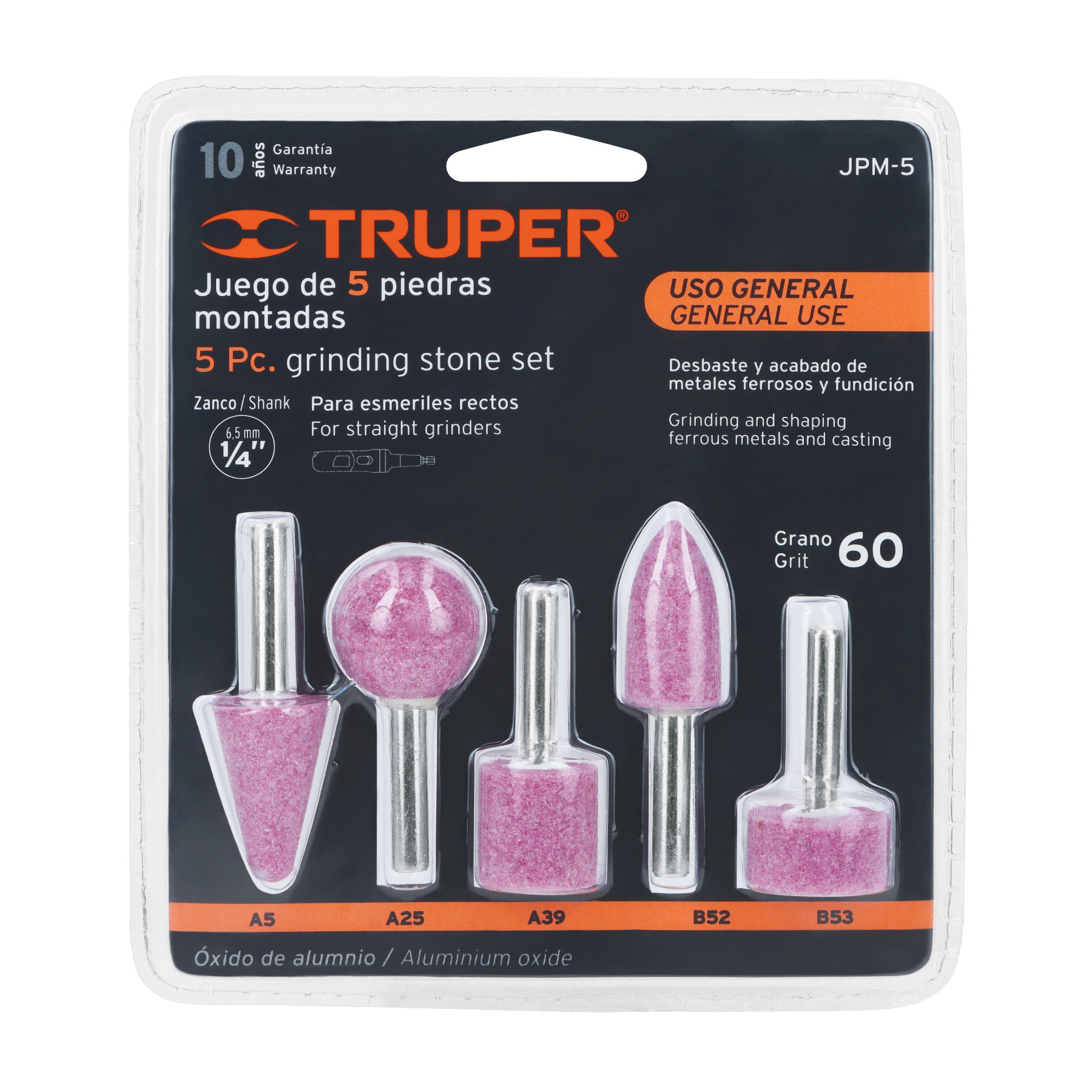 Juego de 5 piedras montadas zanco 1/4", uso general, Truper