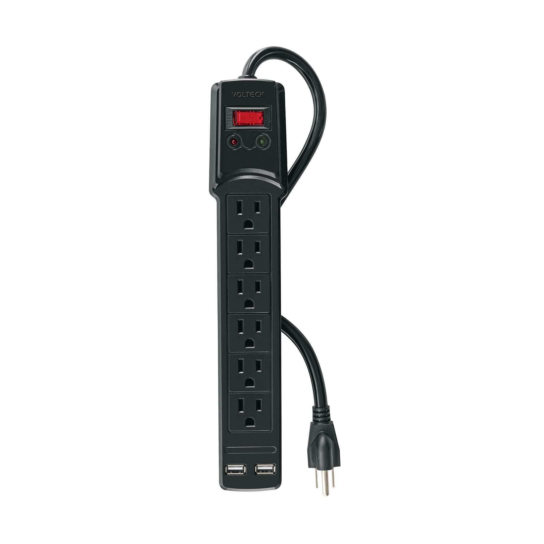 Multicontacto 16 AWG 6 entradas 2 ptos. USB sup. 150J, negro