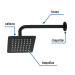 Regadera cuadrada 6", acero inox, con brazo, negro, Túbig