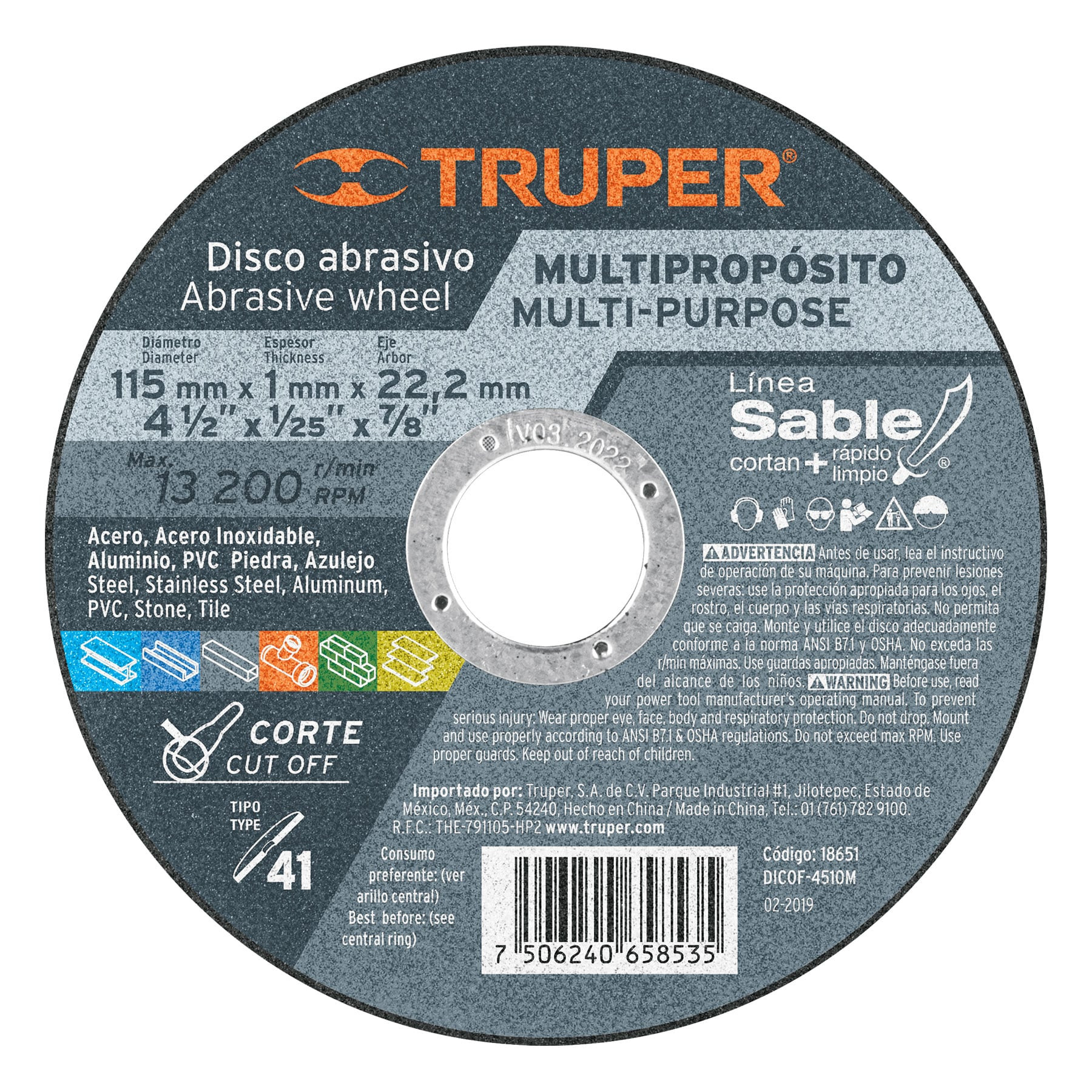 Disco Tipo 41 de 4-1/2" x 1 mm corte multimaterial, Sable