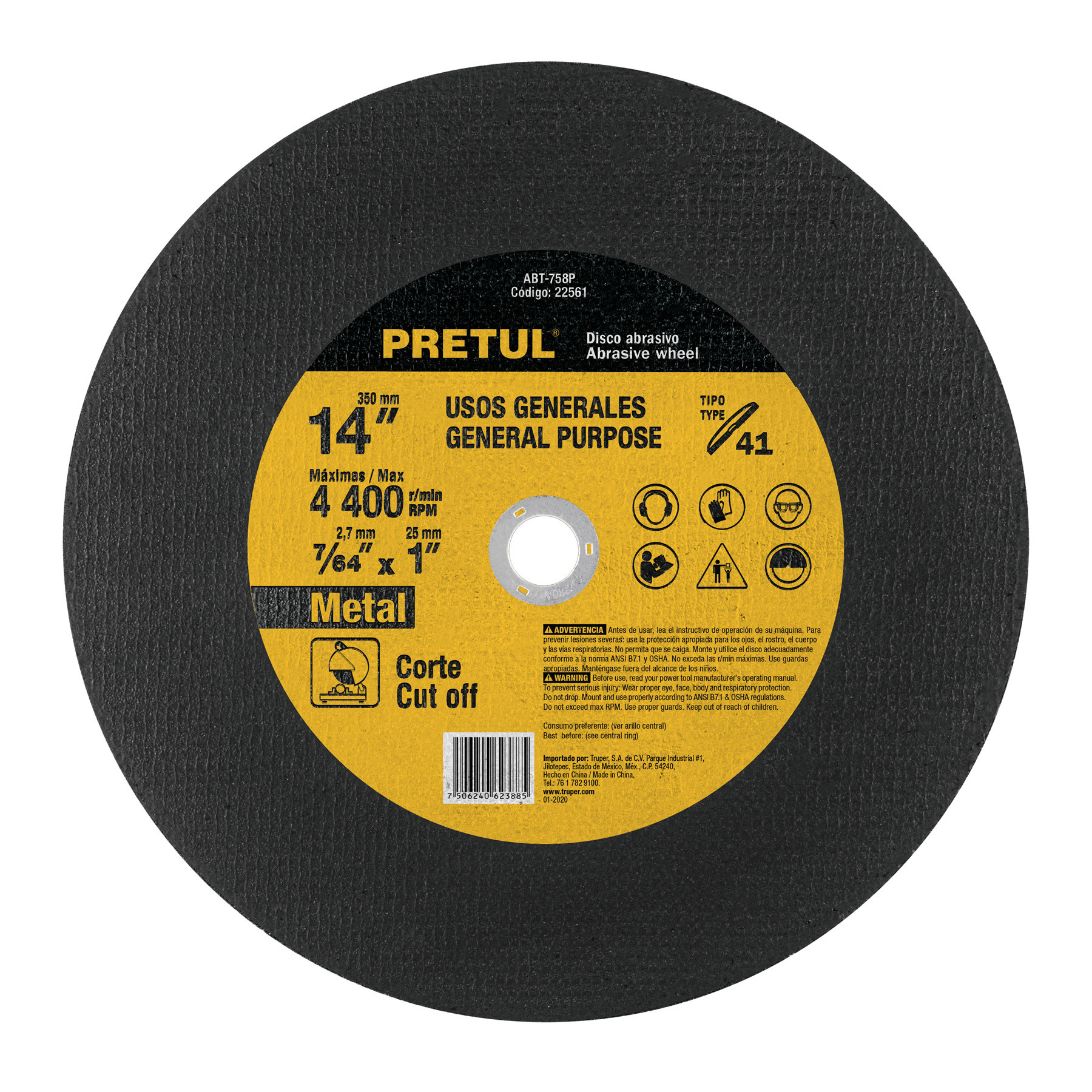 Disco Tipo 41 de 14" x 2.8 mm para corte de metal, Pretul