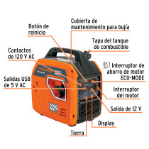 Generador silencioso inverter 2200W, 80 cc, encendido manual