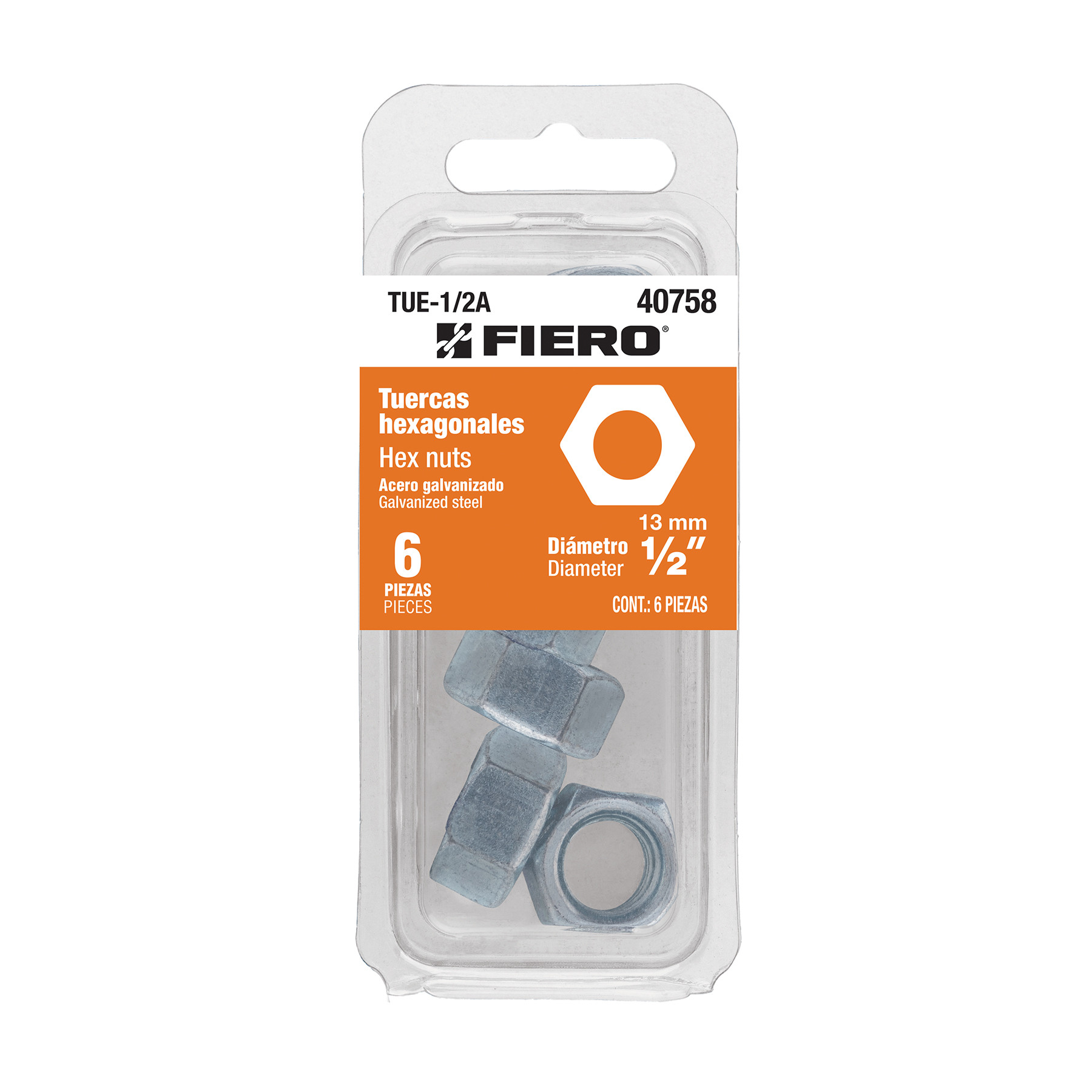 Blíster con 6 tuercas 1/2" hex de acero galvanizado, Fiero