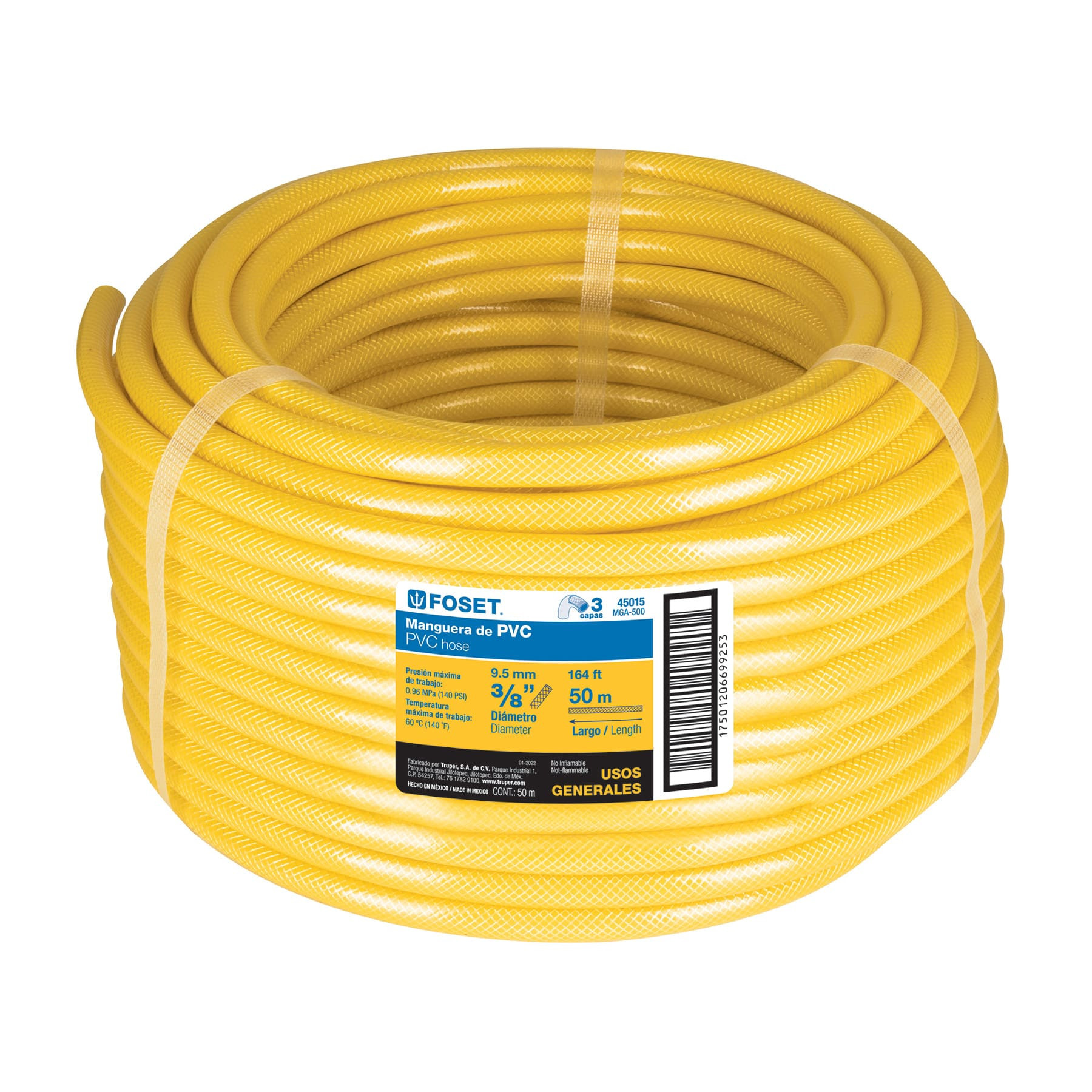 Manguera para gas, PVC amarilla, 3/8"x50m, s/conexión, Foset